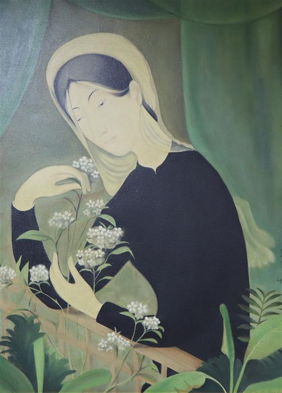 Manner of Le Pho, oil on canvas, Woman picking flowers, bears signature, 79 x 59cm